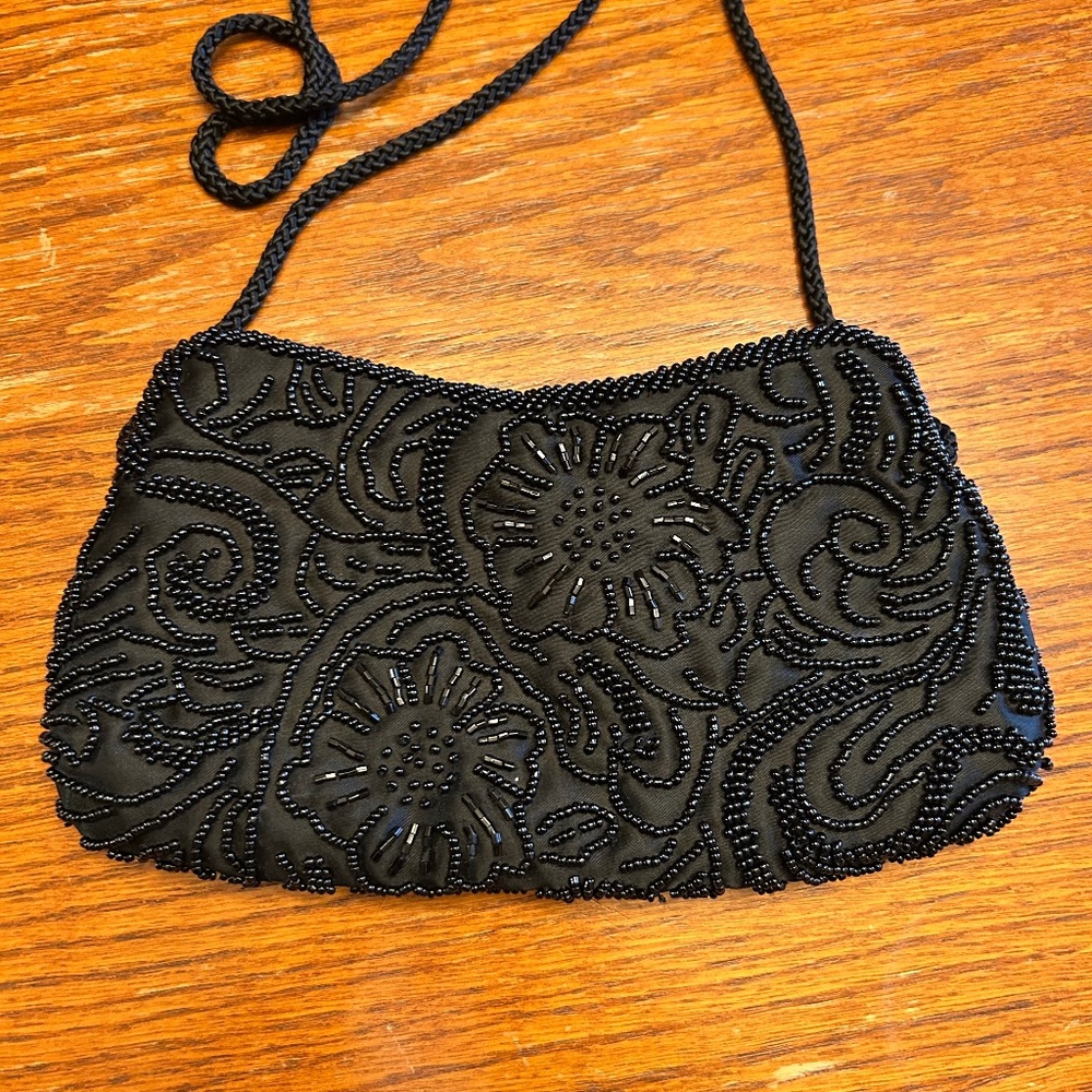 Valerie Stevens Purse Beaded Black Women's Small Purse with Pocket Mirror